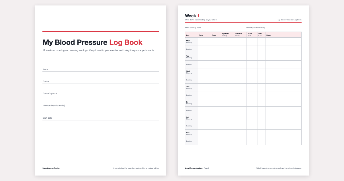Blood pressure log book preview: the cover page and a weekly page with morning and evening rows